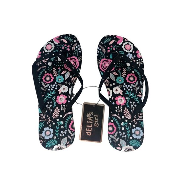 dELiA*'s Girl Rhinestone Flip Flops - Black  Floral Design  (4/5) - Picture 1 of 2